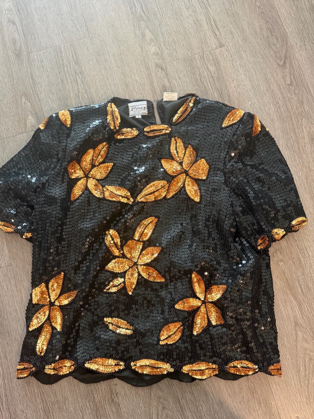 Vintage Silk Embellished Black Sequin Top with Gold Floral Accents - Vintage
